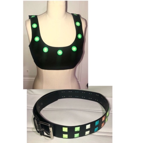 Vintage 90s black neon squares belt and circle cut out bikini top new Medium - Picture 1 of 9